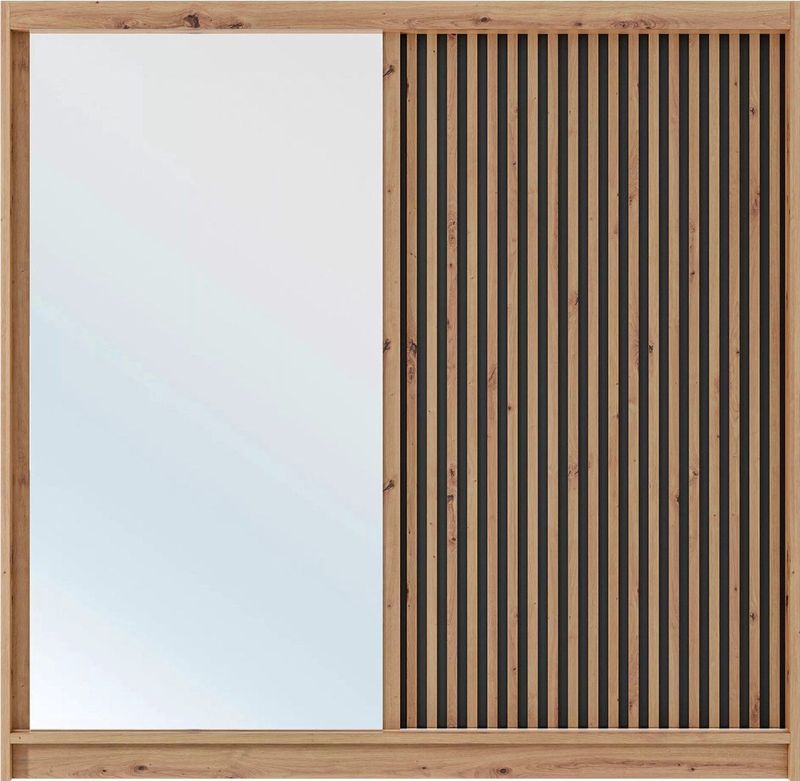 CALOWI - Kast - Houteffect en Zwart - Met 2 Schuifdeuren en Spiegel - L203 cm