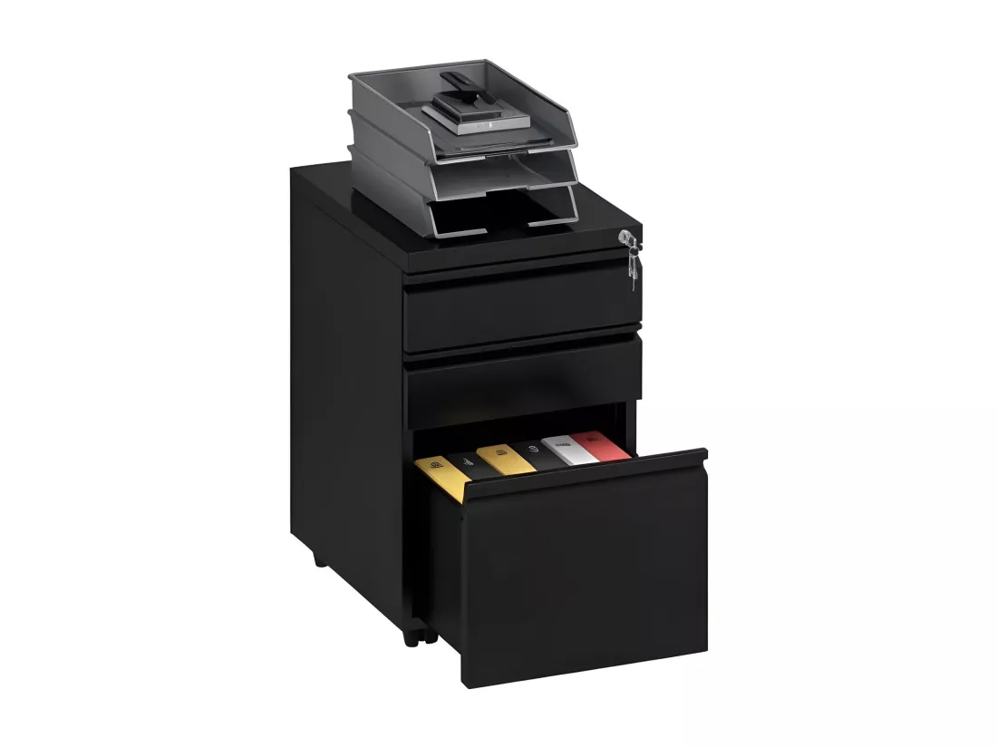 Caisson de Bureau - 3 Tiroirs Métal Caisson de Rangement - Meuble de Bureau avec roulettes pour Dossiers Suspendus - Noir - 46 x 39 x 62cm