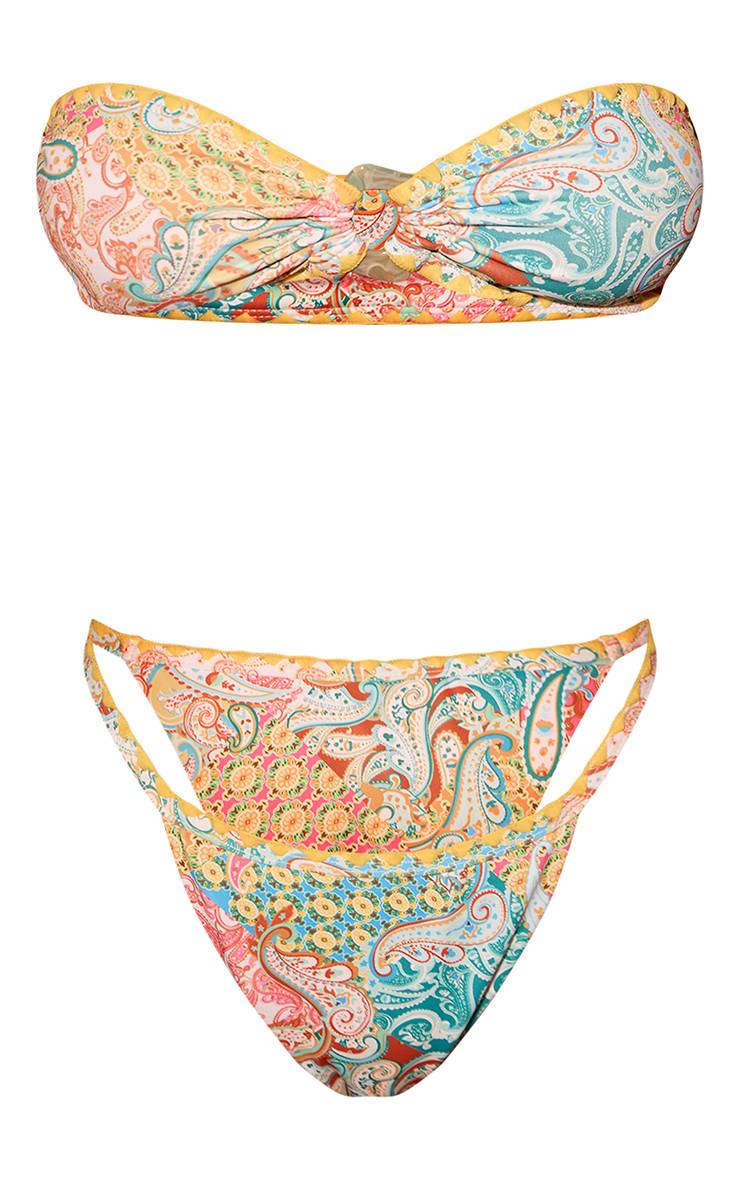 Citron Haut De Bikini Bandeau À Imprimé Paisley Avec Surpiqûre Décorative