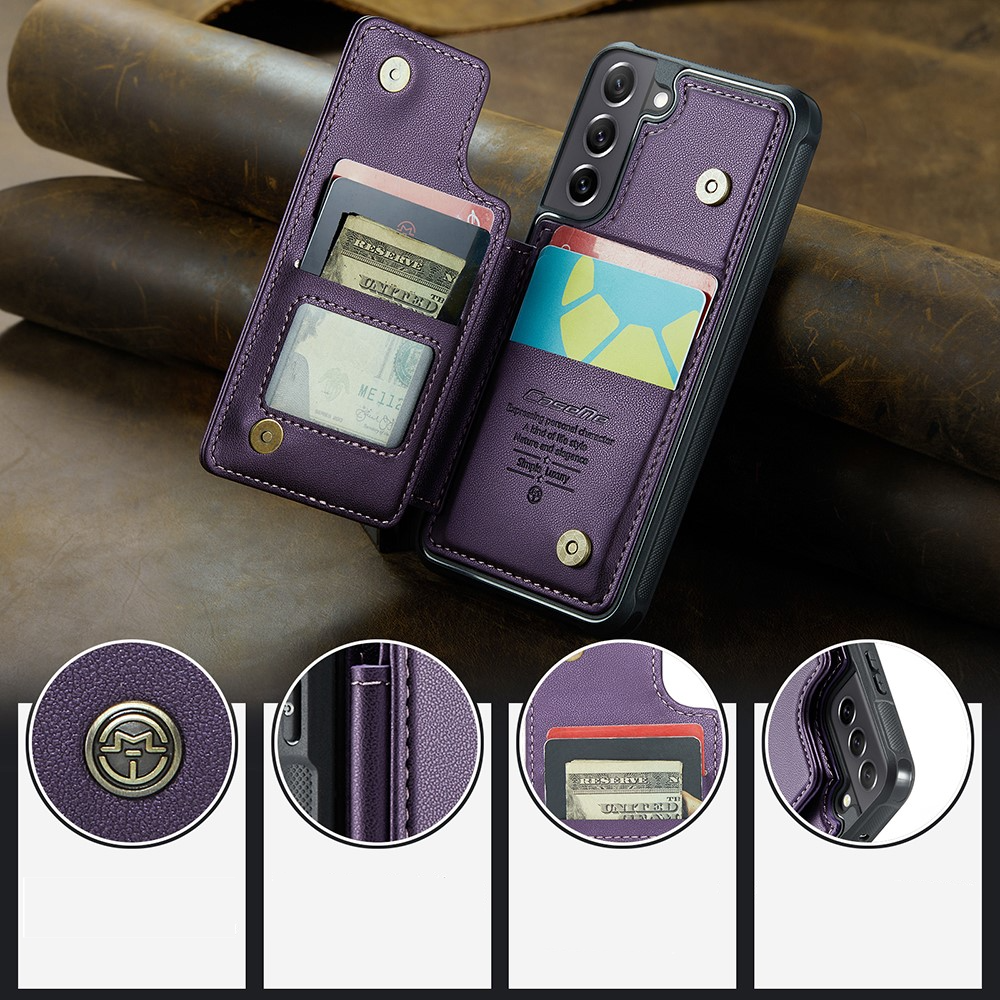 Samsung Galaxy S21 FE 5G Leder Hülle mit Kartenfächern im Litchi Look   Kickstand (RFID Schutz) - Lila