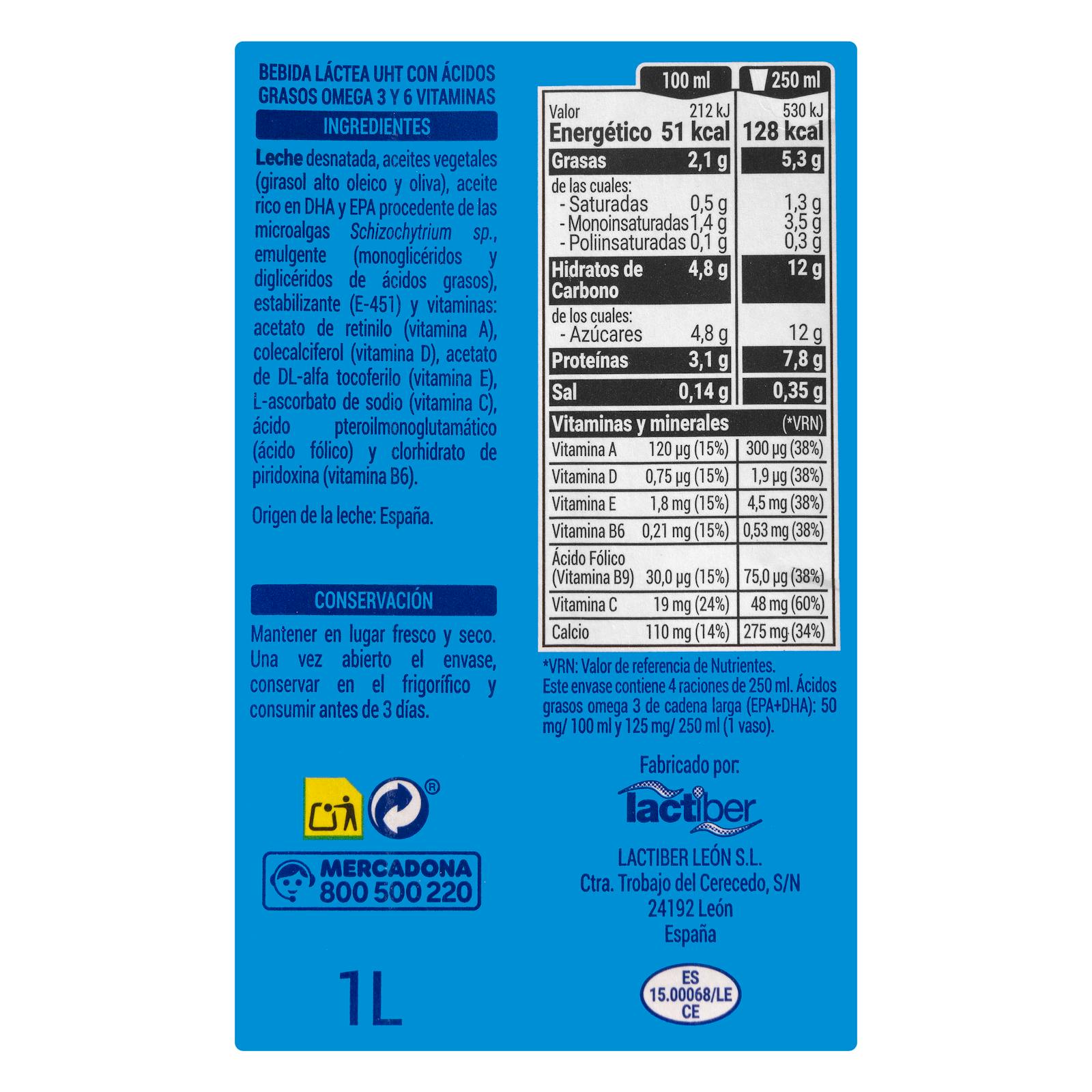 Boisson laitière écrémée Hacendado Omega 3