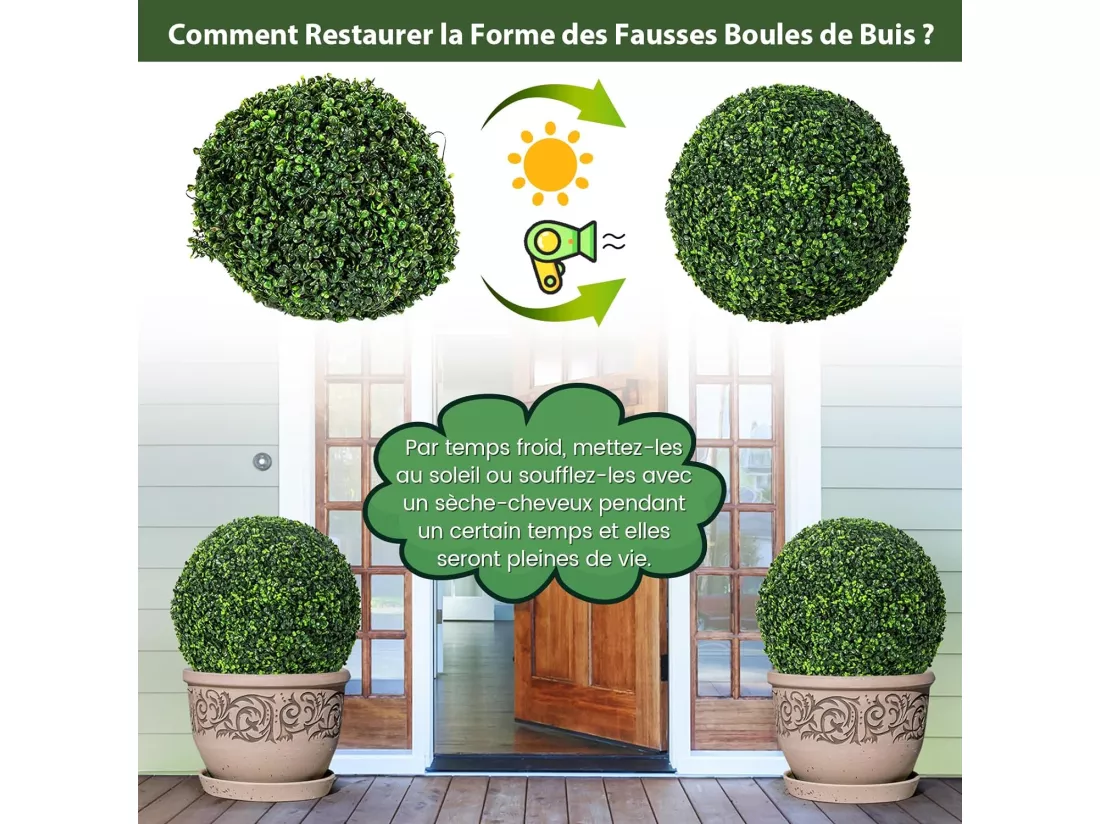 2 Boules de Buis Artificielles 48 cm Résistantes aux UV, Plantes en Boules de Faux Buis Sphères, Décoratives pour Intérieur Extérieur de Porche Balcon Jardin Mariage