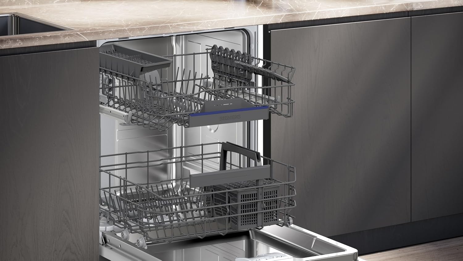 Siemens SN53HS01AE iQ300 Smarter Geschirrspüler Teilintegriert, 60 cm breit, Made in Germany, Besteckkorb, Edelstahl, angenehm leise mit iQdrive, aquaStop, höhenverstellbarer Oberkorb, Home Connect