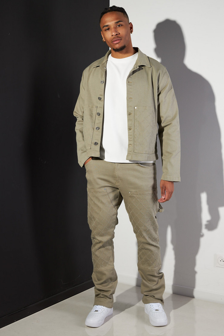 Ensemble 2 pièces veste + jean kaki à motif losange