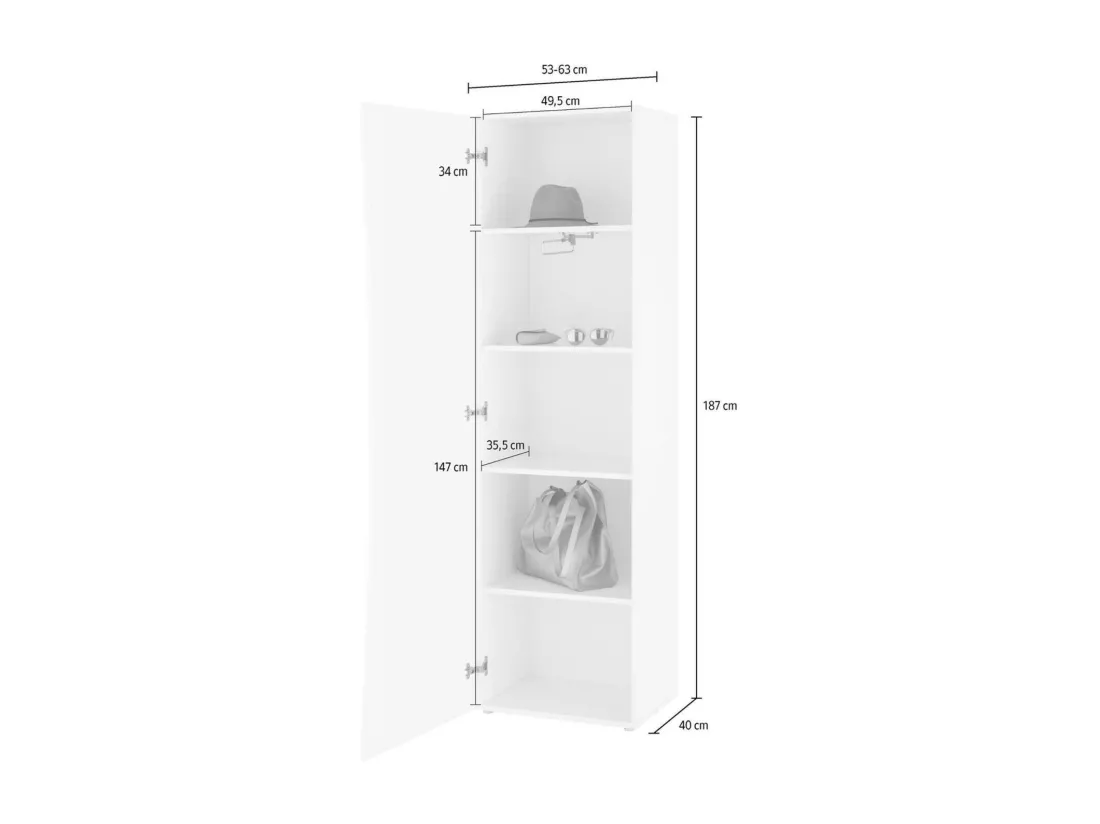 Armoire polyvalente Ddandre, Étagère à chaussures avec 1 porte et 4 étagères, Armoire multifonctionnelle, 100% Made in Italy, 63x40h187 cm, Blanc brillant