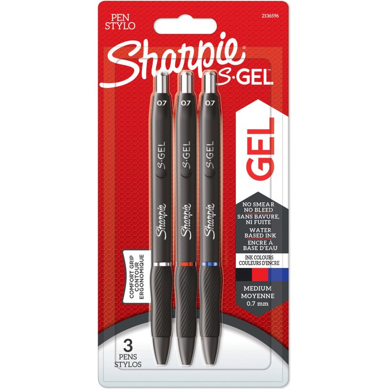 Stylo roller Sharpie S-Gel rétractable pointe 0,7 mm - écriture moyenne - Pochette de 3