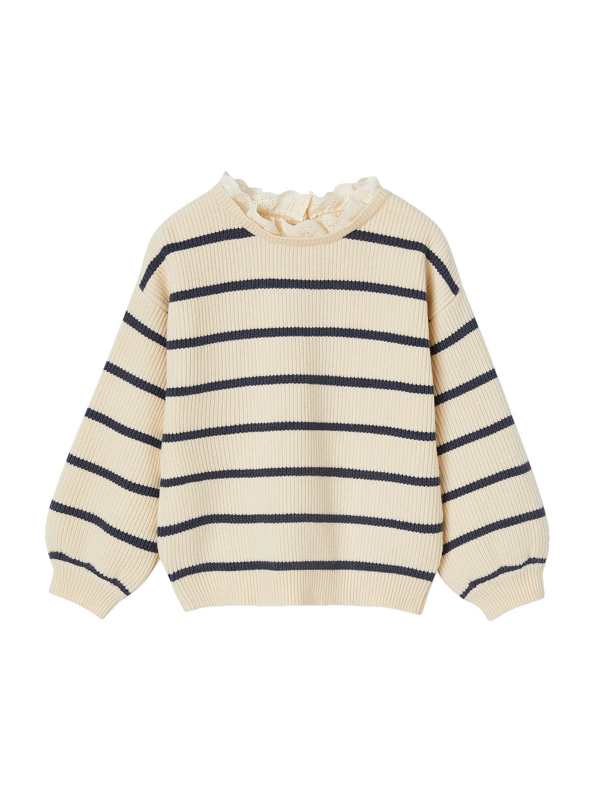 Vertbaudet Mädchen Pullover mit Volantkragen, Capsule Collection MAMA, TOCHTER & BABY wollweiß/marine gestreift