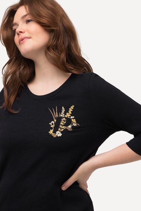 Shirt, Stickerei, Rundhals, 3/4-Arm, Biobaumwolle