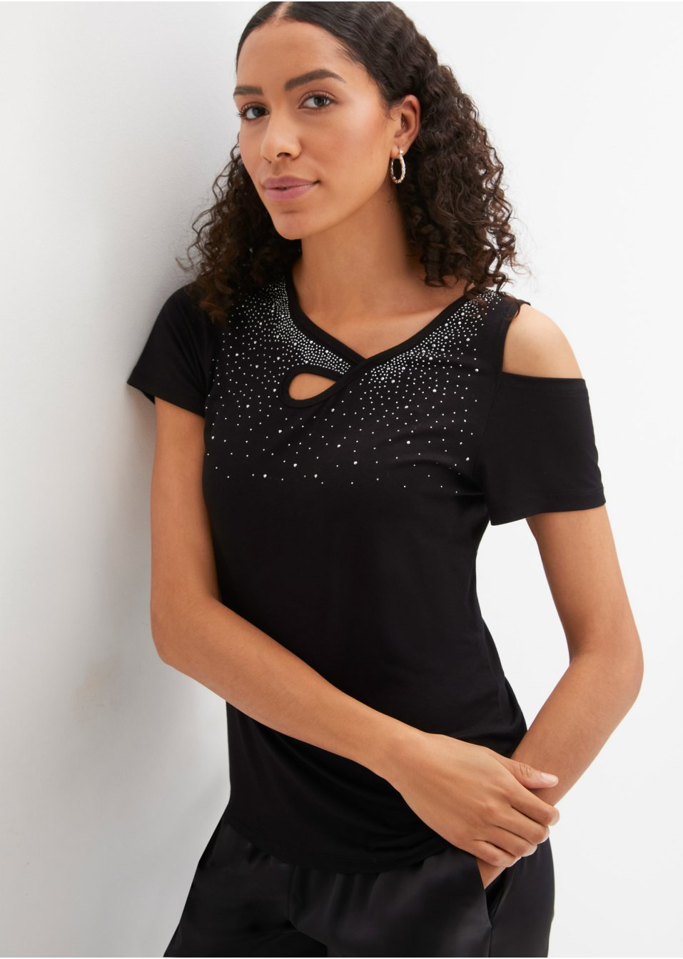 T-shirt à application de strass et découpes
