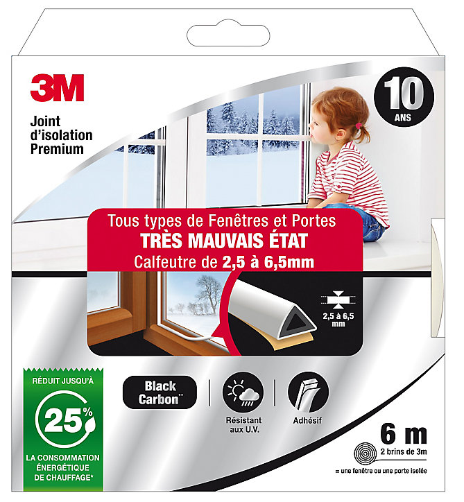 Joint adhésif porte et fenêtre très mauvais état 3M Premium 2,5 à 6,5 mm blanc L.6 m