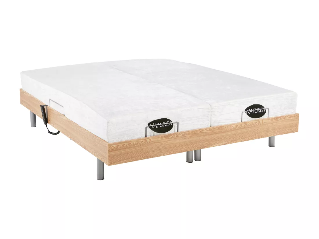Lit électrique de relaxation tout plots + matelas mémoire de forme et bambou - 2 x 80 x 200 cm - Chêne - LYSIS III de NATUREA