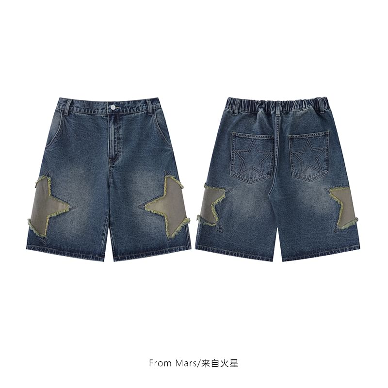 CHIC ERRO - Middelhoge denim shorts met geborduurde patchwork en stermotief