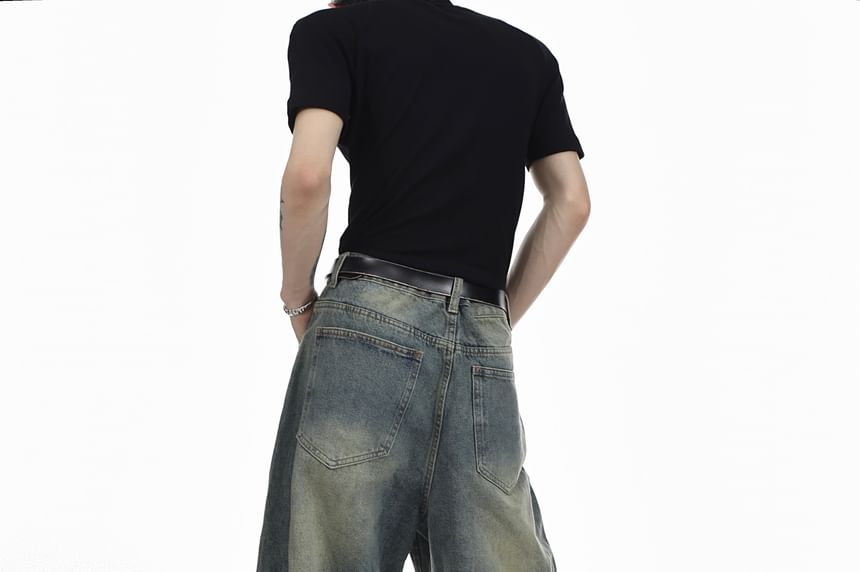 Kooklay - Mid Rise Washed Belted Cutout Wide Leg Jeans