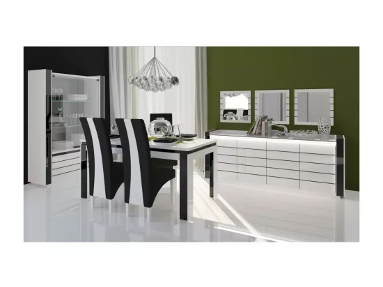 Vitrine / argentier / vaisselier LINA coloris blanc avec façades blanches et noires brillantes – 120 x 185 x 45 cm