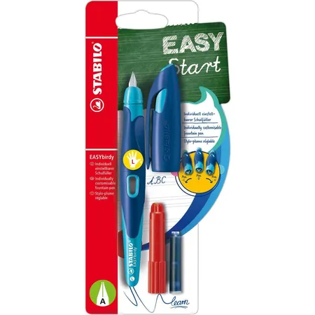 Ergonomischer Schulfüller für Linkshänder mit Anfänger-Feder A - STABILO EASYbirdy in mitternachtsblau/azur - Einzelstift - inklusive Patrone und Einstellwerkzeug - Schreibfarbe blau (löschbar)