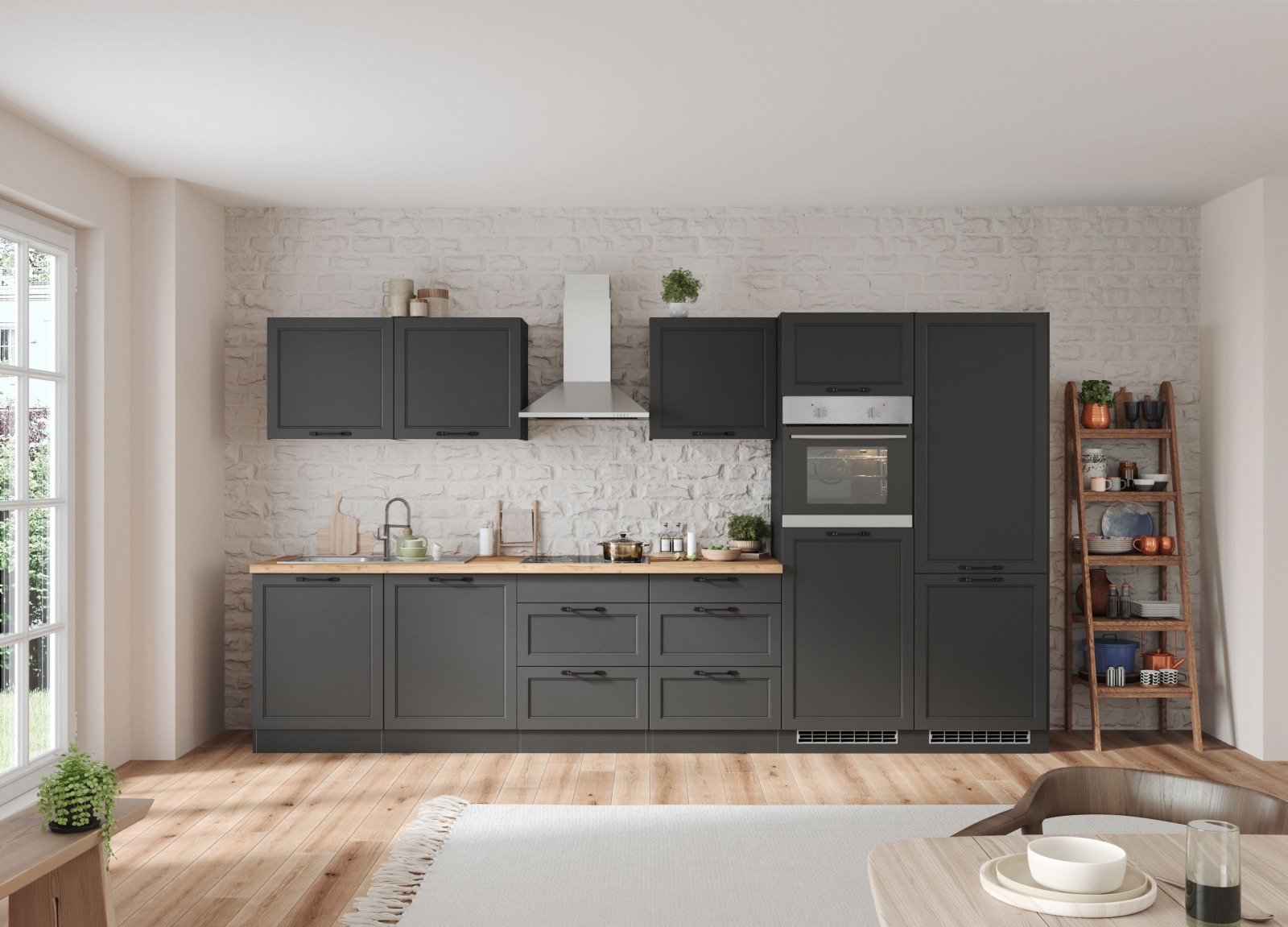 Küchenzeile MERAN - grau - Wotaneiche - mit E-Geräten - Induktionskochfeld - 360 cm