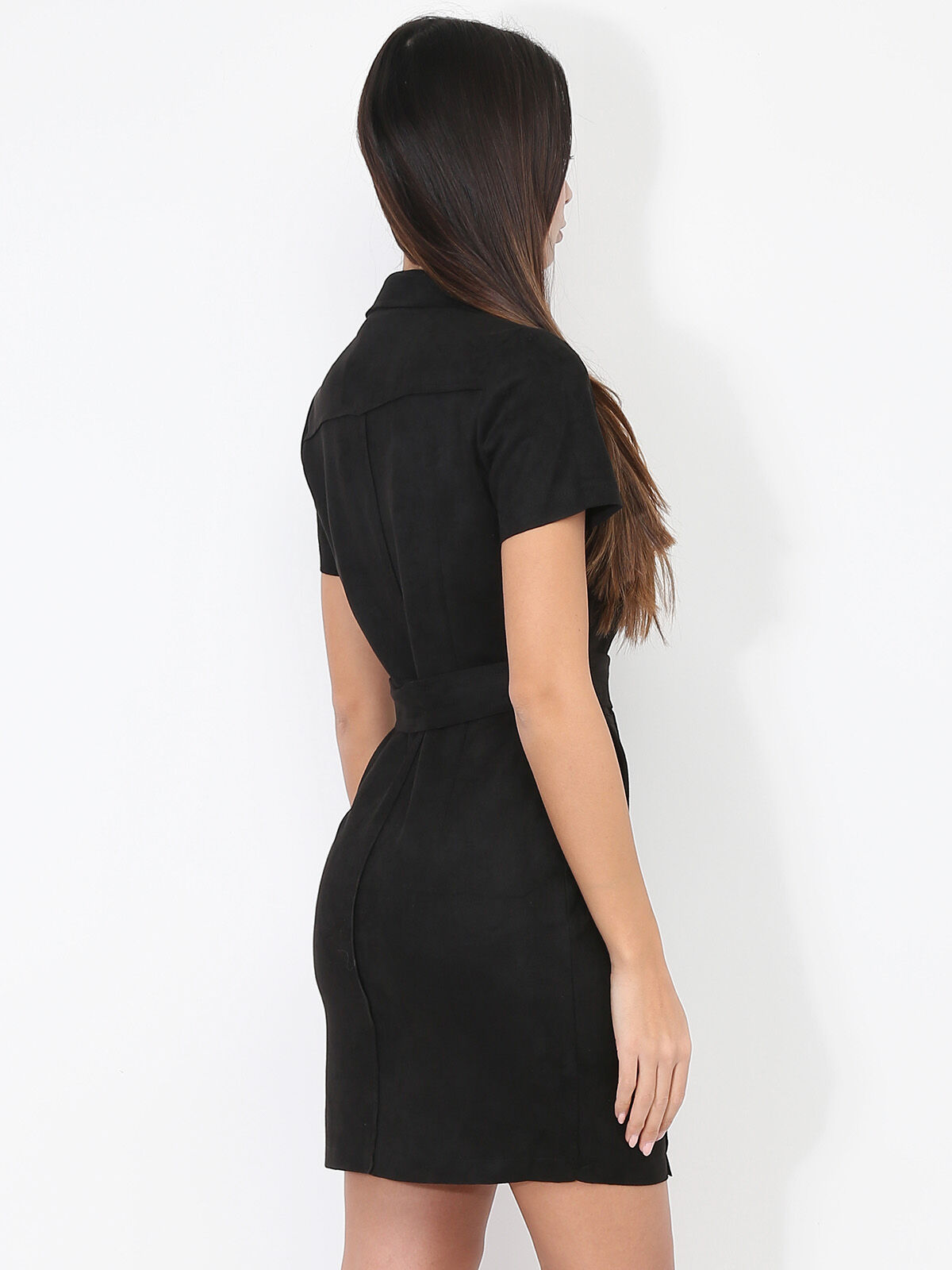 Robe blazer ceinturée en suédine- Noir