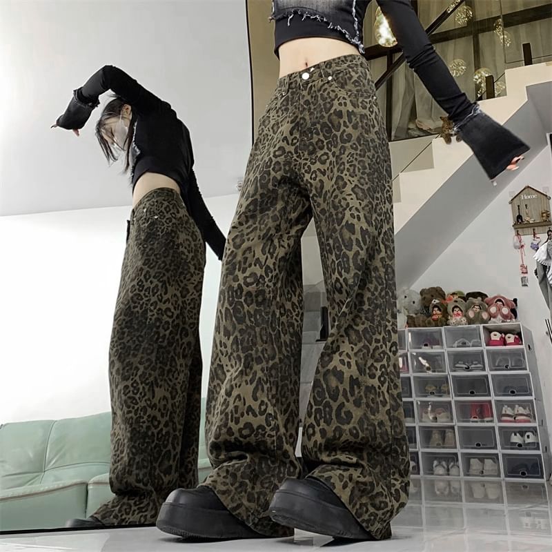 Saccharine - Mid Rise Leopard Print Wijde Broek