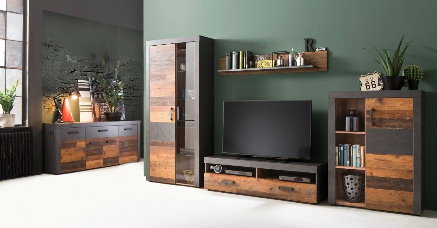 trendteam smart living - Indy - Kommode - Eiche/Grau - Sideboard mit 4 Türen, 1 Schublade und 5 Einlegeböden - (BxHxT) 178 x 76 x 40 cm - antikfarbene Griffe