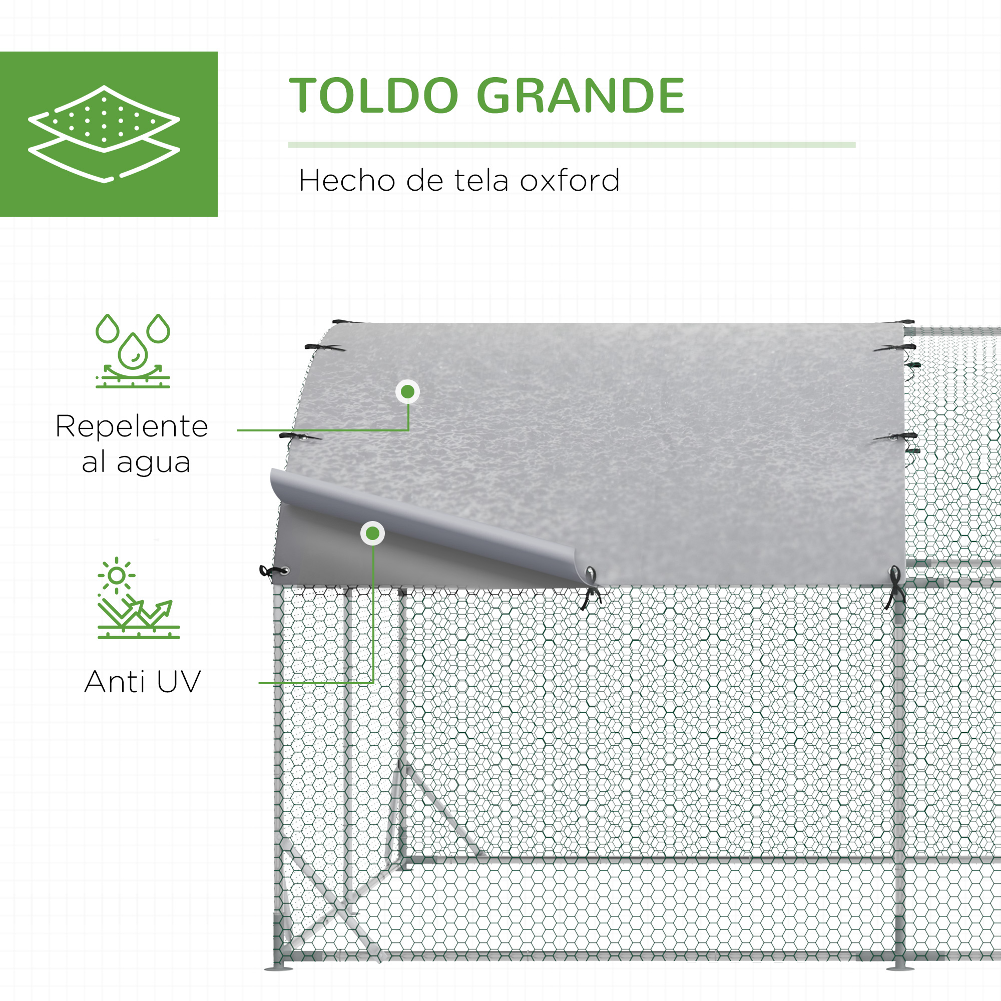 Gaiola grande para aves PawHut, em aço galvanizado, para uso externo, 280x760x197 cm, com cobertura impermeável e resistente aos raios UV em tecido Oxford, cor prata.