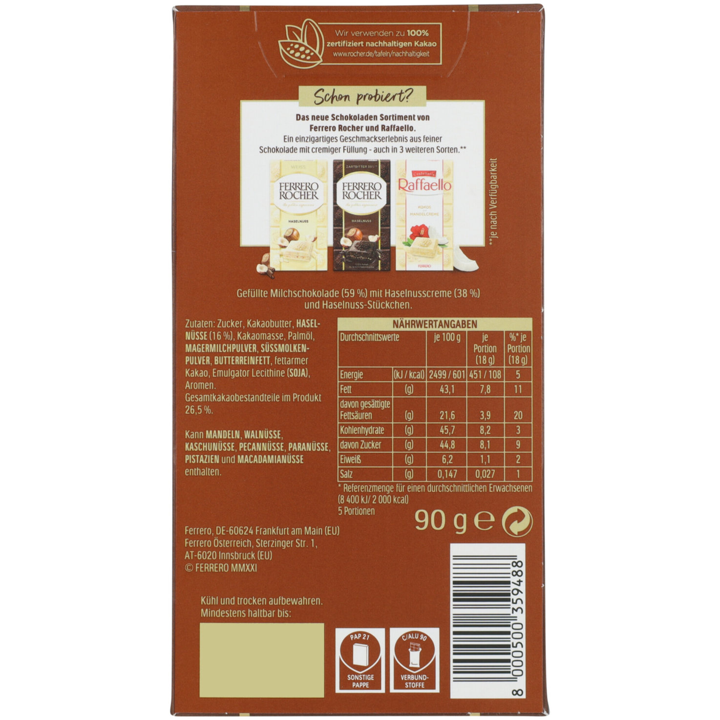 Ferrero Tafelschokolade Rocher Haselnuss Original