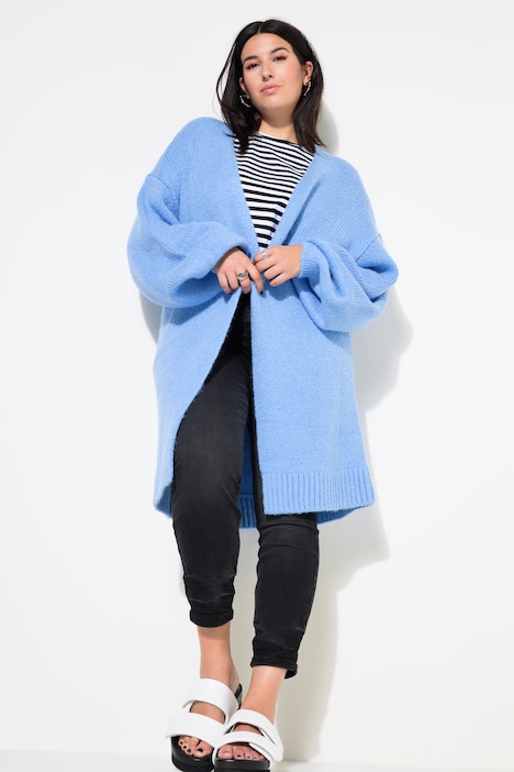 Long-Strickjacke, oversized, offene Form, Langarm