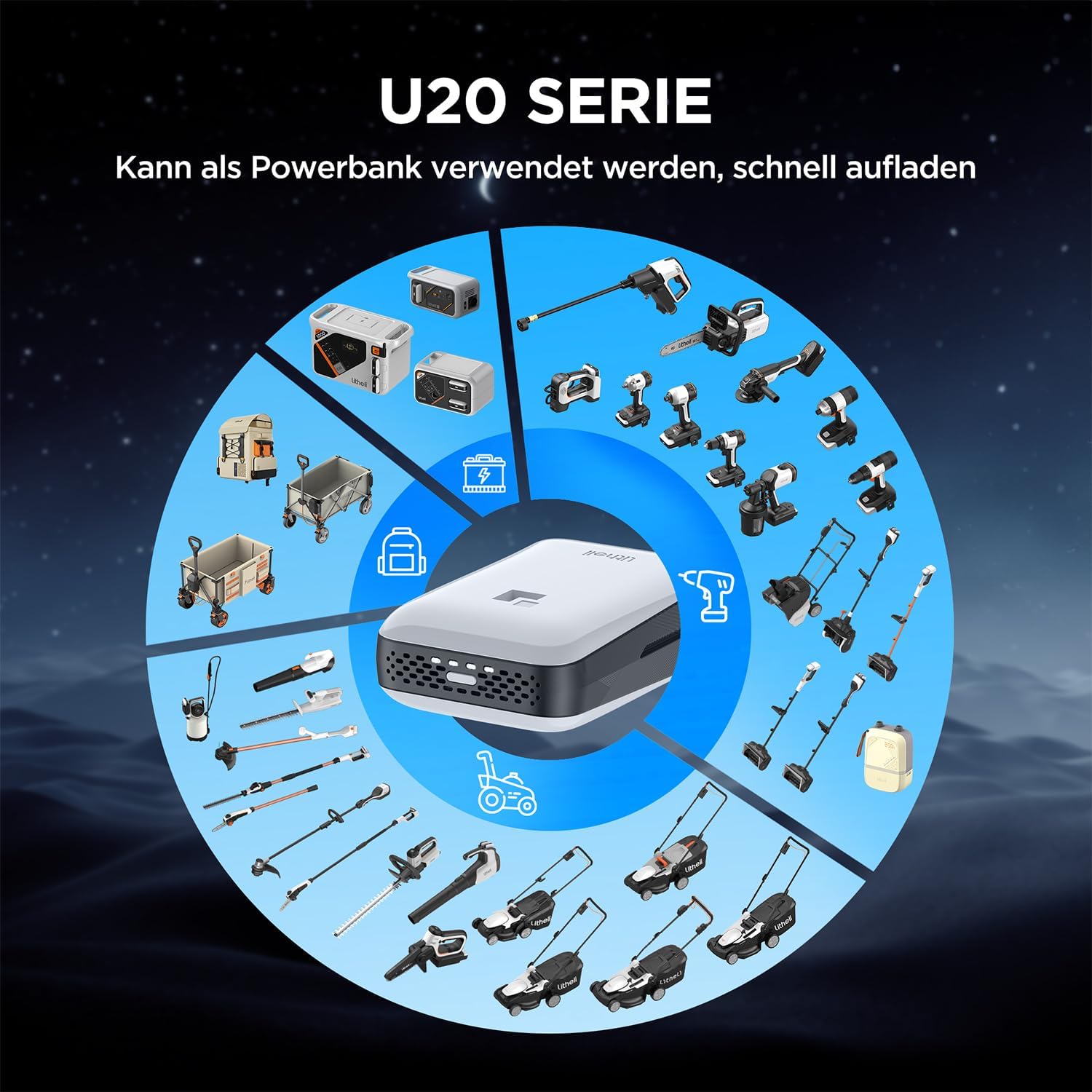 Litheli Hochentaster Akku U20-PS, Astsäge Teleskop Akku zum Schneiden und Beschneiden von Ästen (2,0Ah, 8 m/s Kettengeschwindigkeit, 20 cm Schwertlänge, 140 ml autom. Kettenschmierung, inkl. Zubehör)