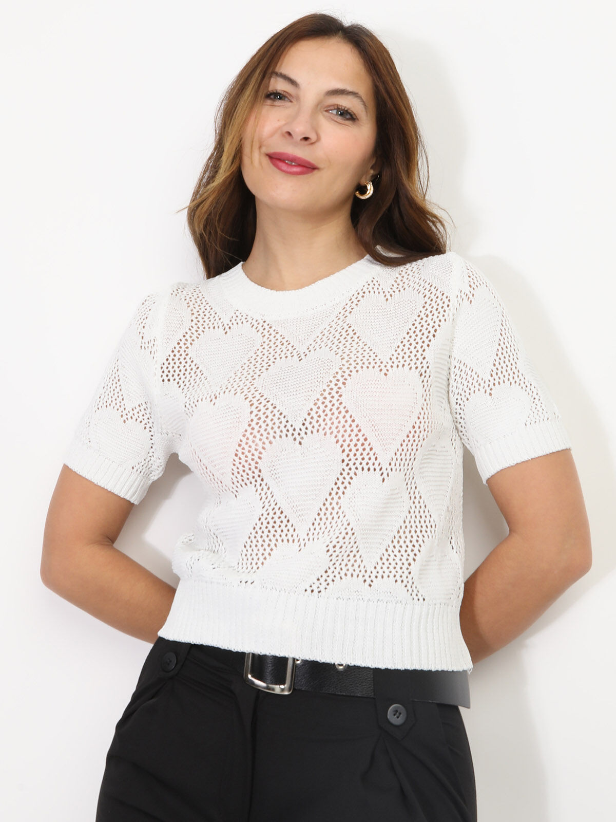 Top en maille ajourée et motif cœurs- Blanc