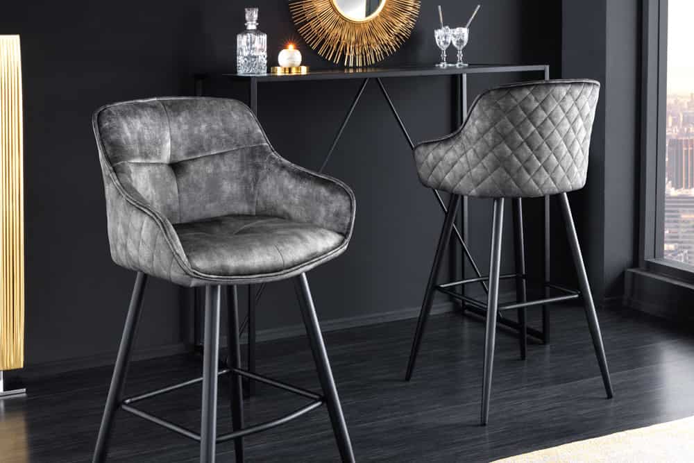 Design Barhocker EUPHORIA grau Samt schwarze Metallbeine Barstuhl mit Lehne