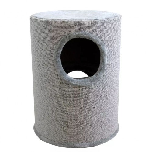 Casinha cinza para gatos com poste para arranhar