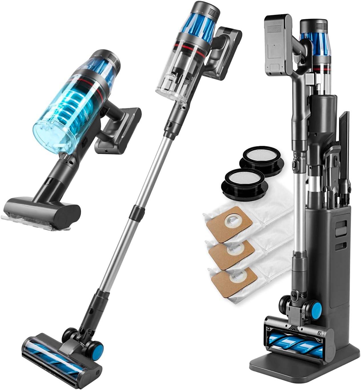 CLEANmaxx AeroTec 500 Staubsauger mit Absaugstation | Handstaubsauger smart & kabellos | automatische Staubentleerung 3,5 l Beutel | 34 kPa | 60 Min Laufzeit | Milbenaufsatz & HEPA-Filter