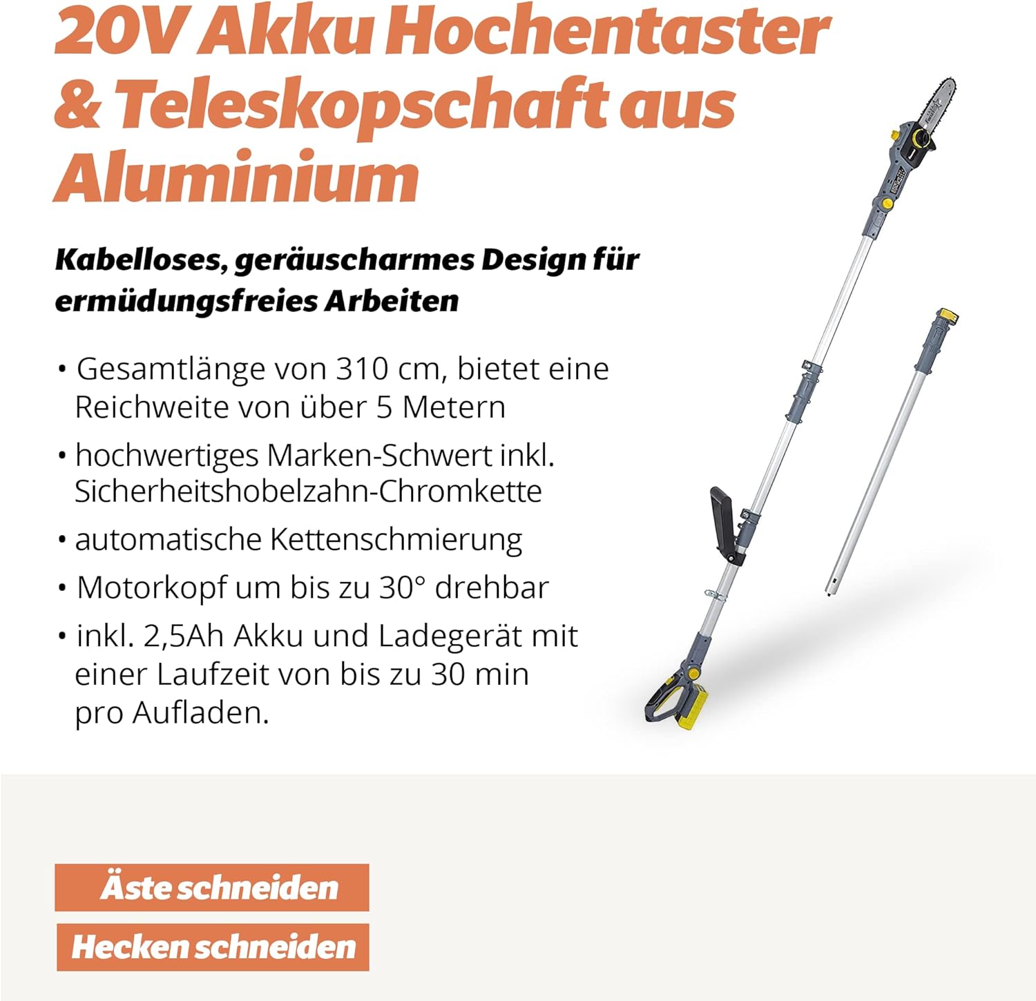 FANZTOOL 20V Li-Ion Akku-Hochentaster mit 2,5Ah Akku/Ladegerät, Höhe bis 5 m, 17 cm Schnittstärke, Schwertlänge 20 cm, leichtes Gewicht 4 kg