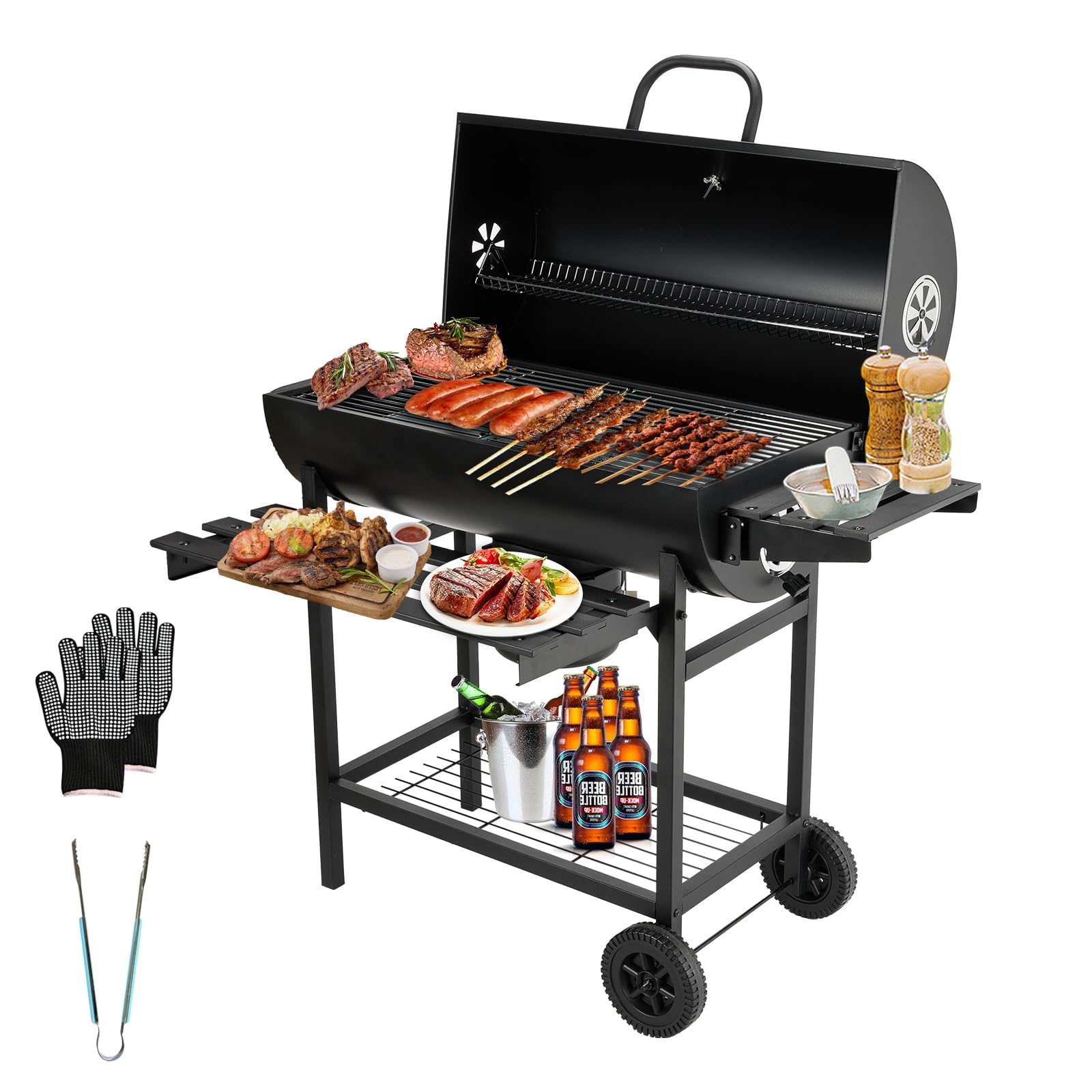 TEENO Barbecue Charbon de Bois,avec Grille de Cuisson XXL,Gants Anti-BrûLures, ThermomèTre,Tiroir à Cendres, éVent RéGlable,Grand Barbecue au Charbon de Bois (Basic)