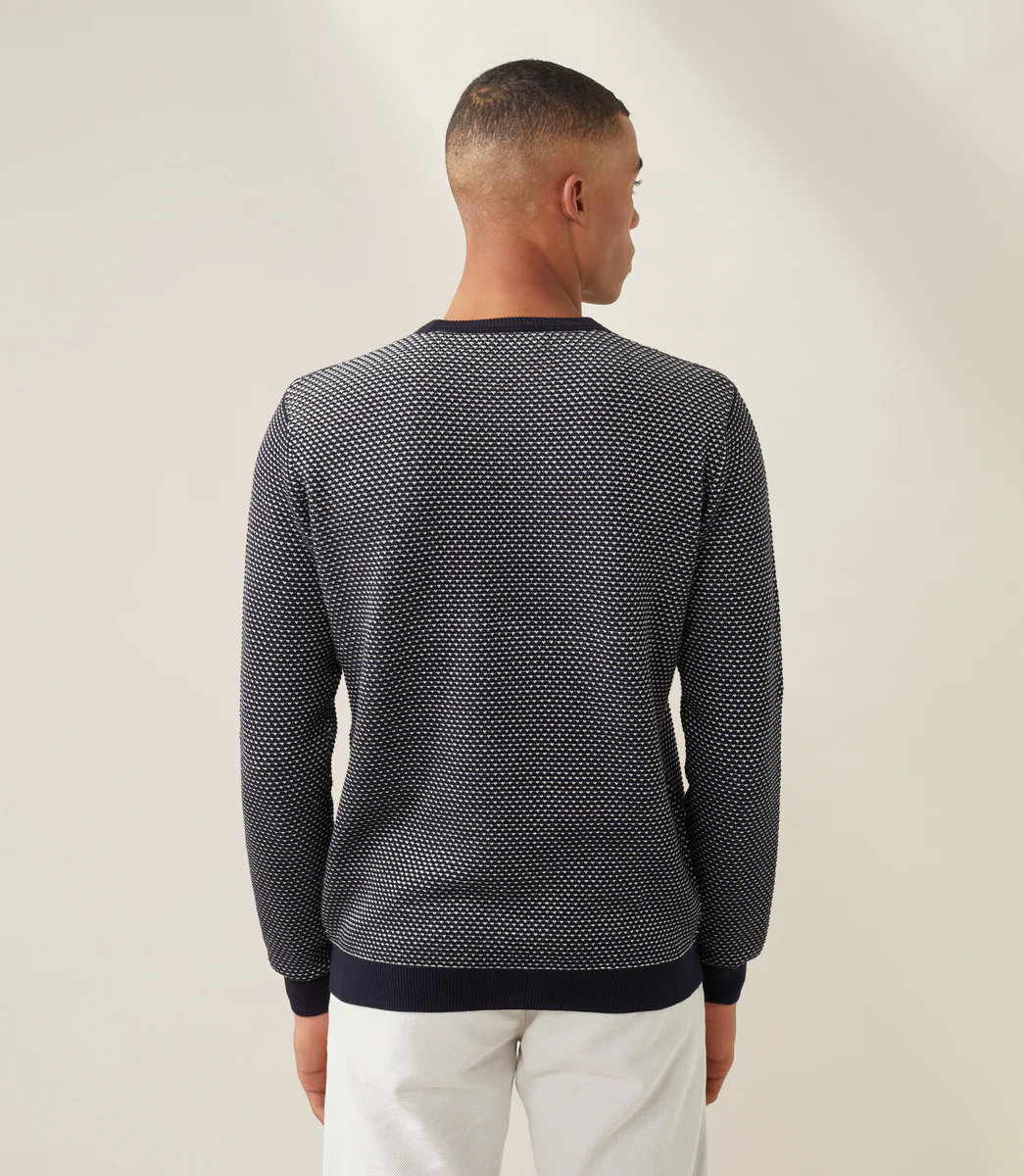 Pull col rond marine-blanc 