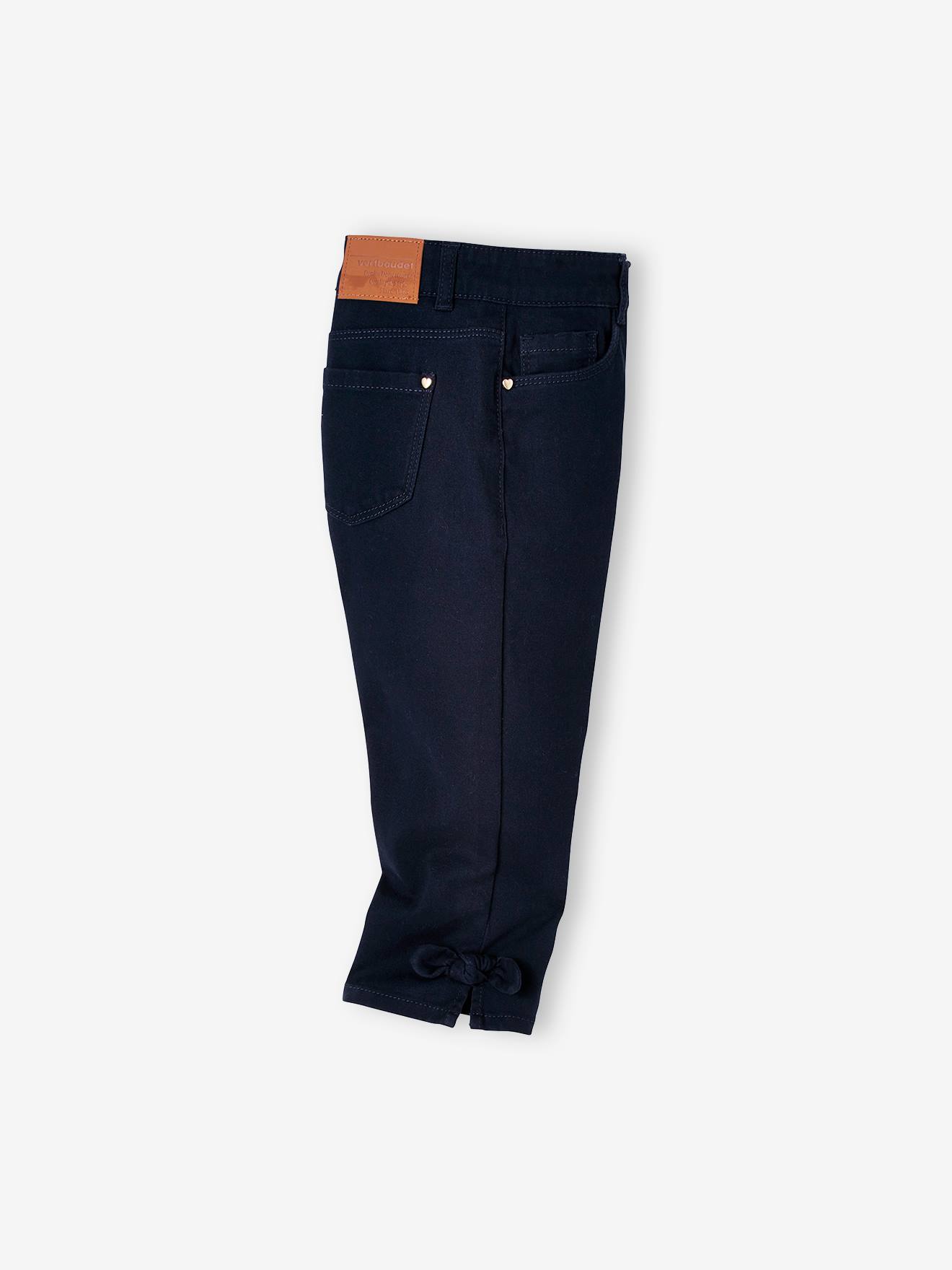 Calça cropped azul-escura lisa com laços para meninas