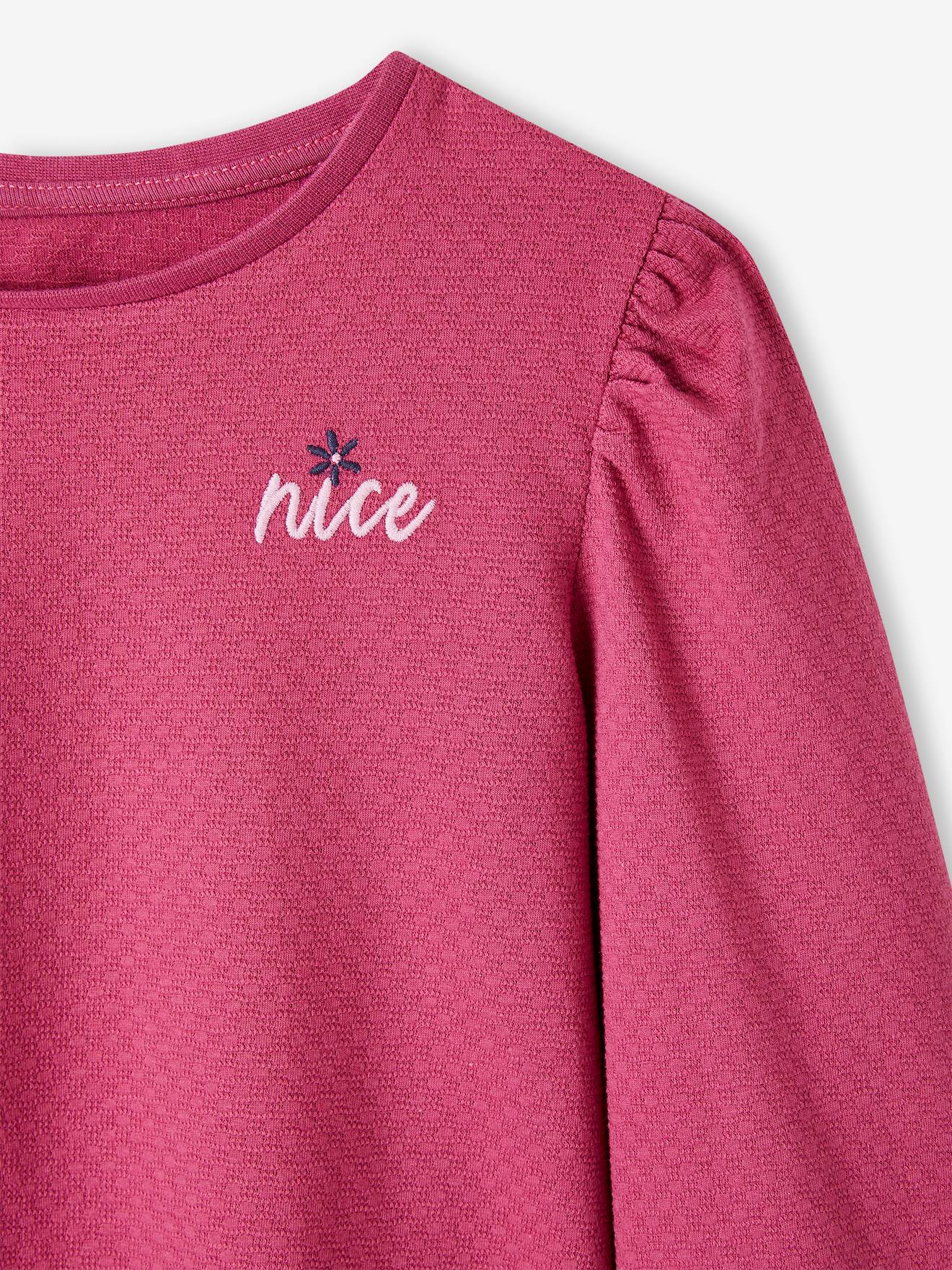 Camiseta lilás claro com textura sofisticada e mangas compridas bufantes para meninas.