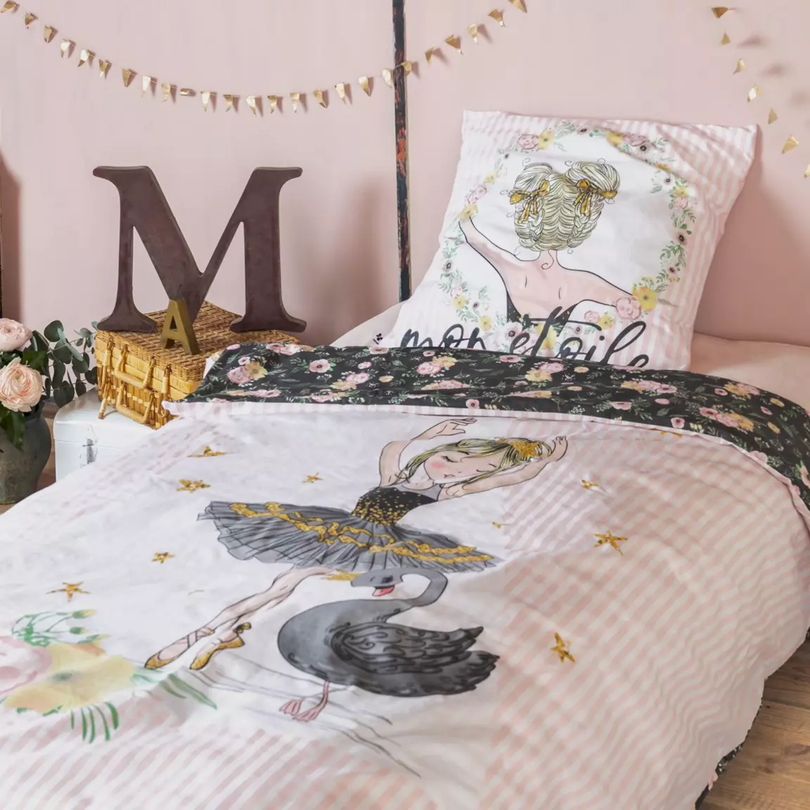 Housse de couette et deux taies enfant coton (200 x 200 cm) Mon étoile Rose