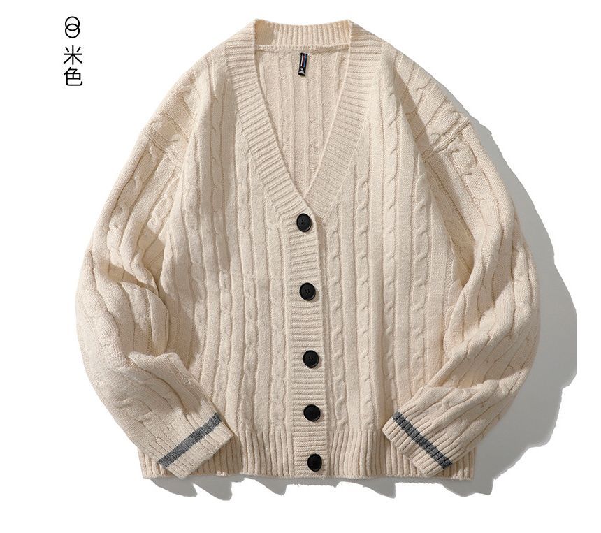Dandyluxe - V-hals contrasterende kabelgebreide losse cardigan met knoopjes