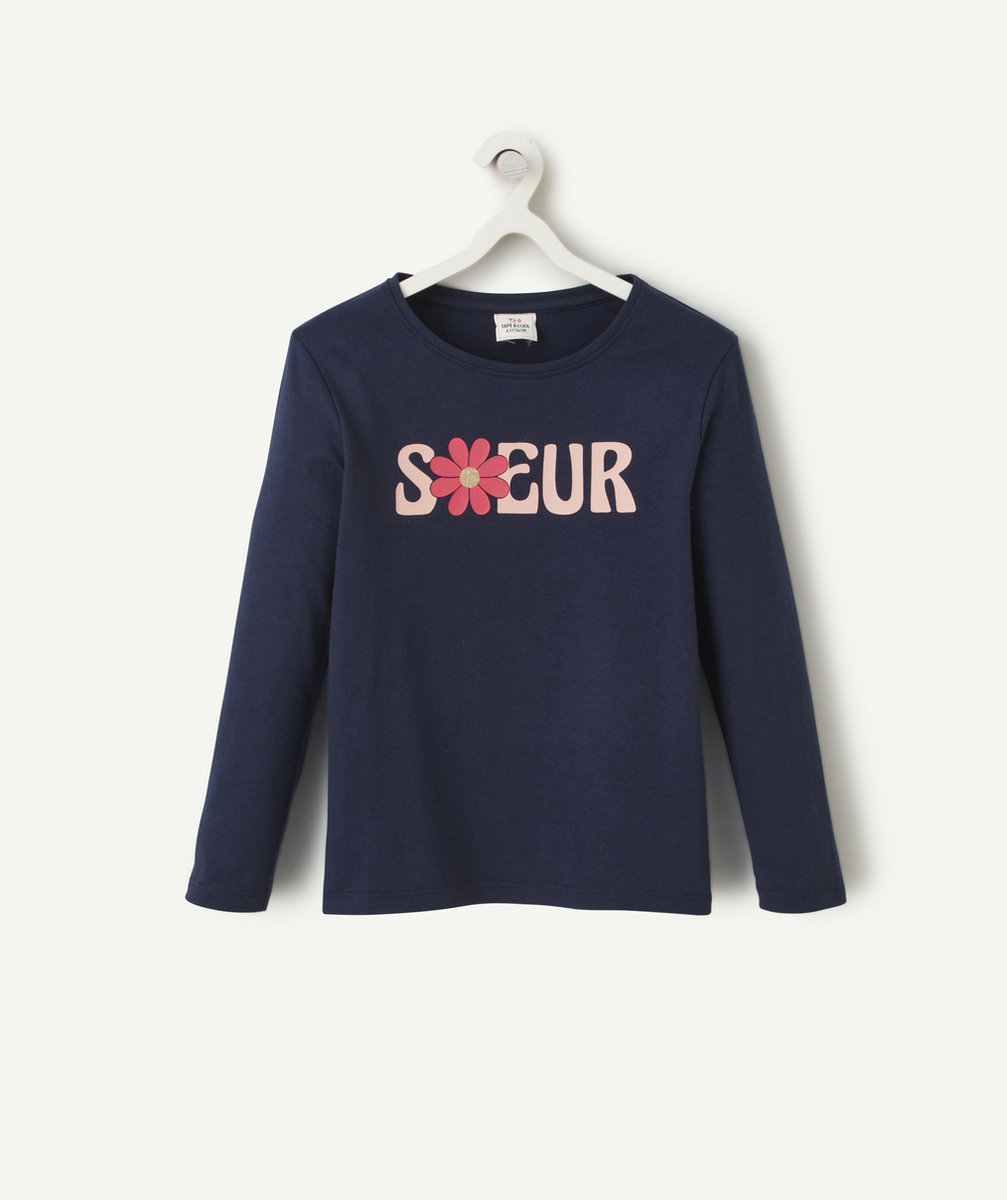 T-SHIRT FILLE EN COTON BIO BLEU MARINE AVEC MESSAGE SOEUR ROSE