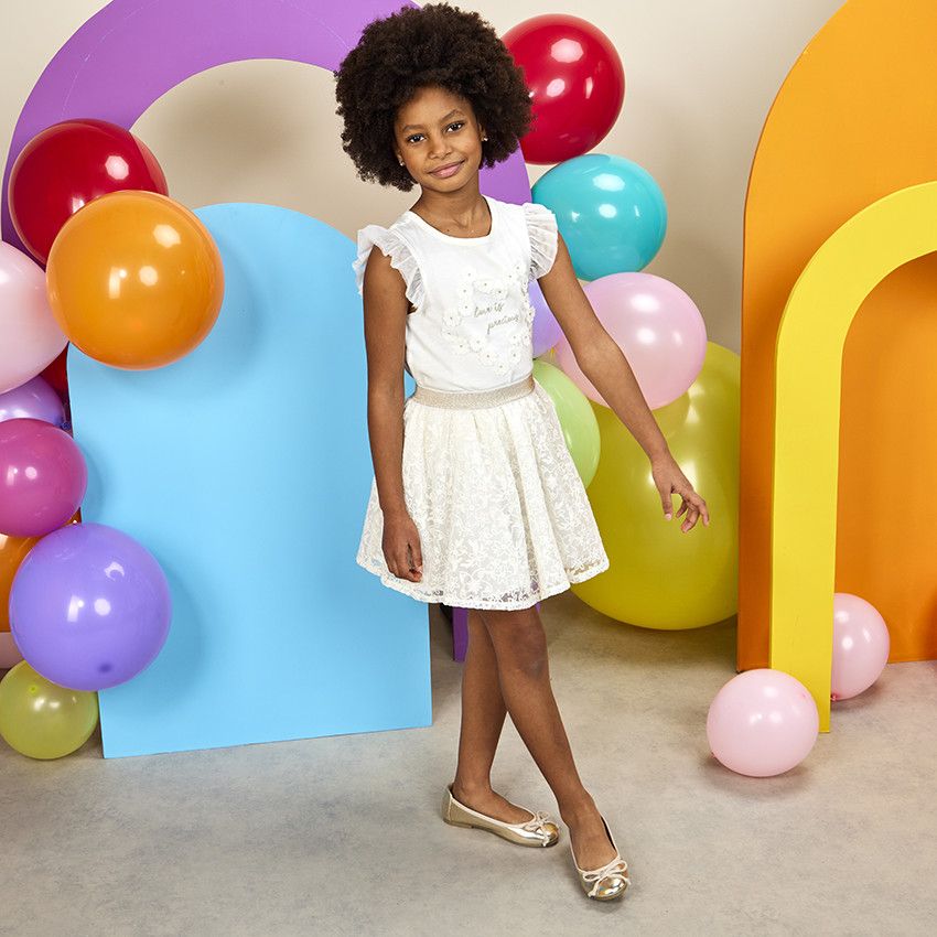 Jupe en tulle et organza brodé pour fille - Ecru