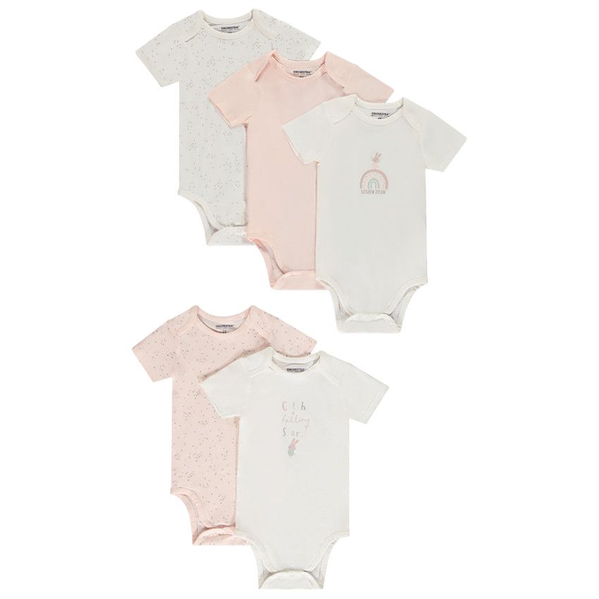 Lot de 5 bodies manches courtes lapin pour bébé fille avec ouvertures différentes selon l'âge - Ecru