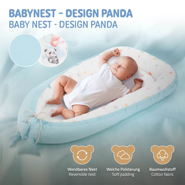 Joyz Babynest, Panda Hellblau, 90x50cm, Bomuld, dobbeltsidet, allergifri