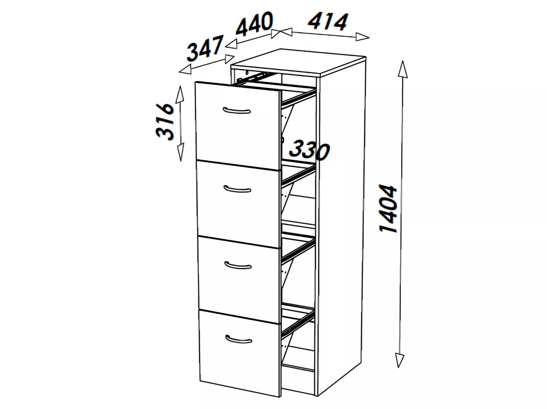 Classeur 4 Tiroirs pour 100 Dossiers Suspendus L 41,4 H 140,4 P 44 cm - Coloris: Blanc
