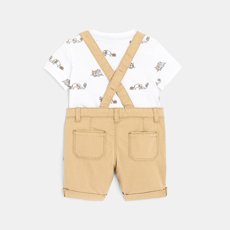 Salopette coton fantaisie et t-shirt imprimé bisons beige bébé garçon