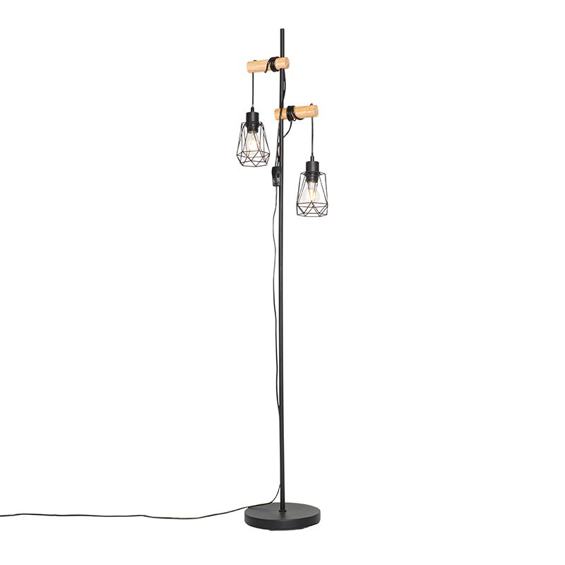 Landelijke vloerlamp zwart met hout 2-lichts met kap - Dami Frame