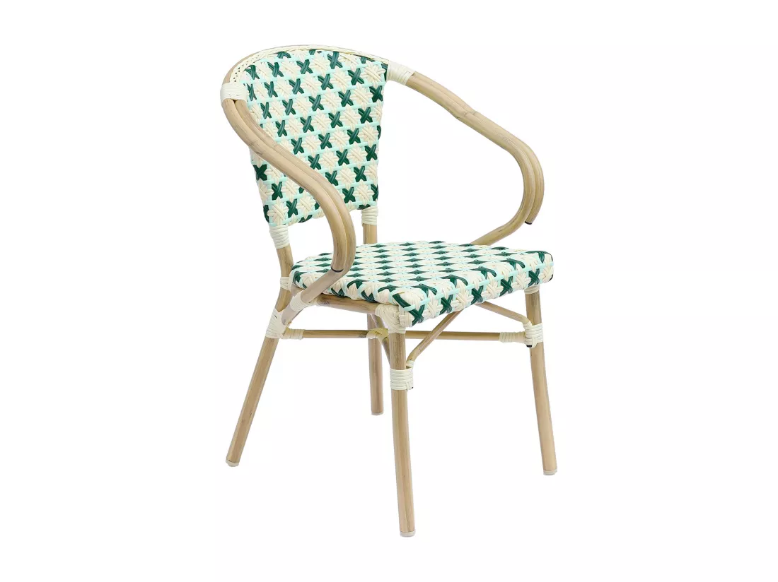Fauteuil de terrasse bistrot parisien en aluminium et rotin vert foncé