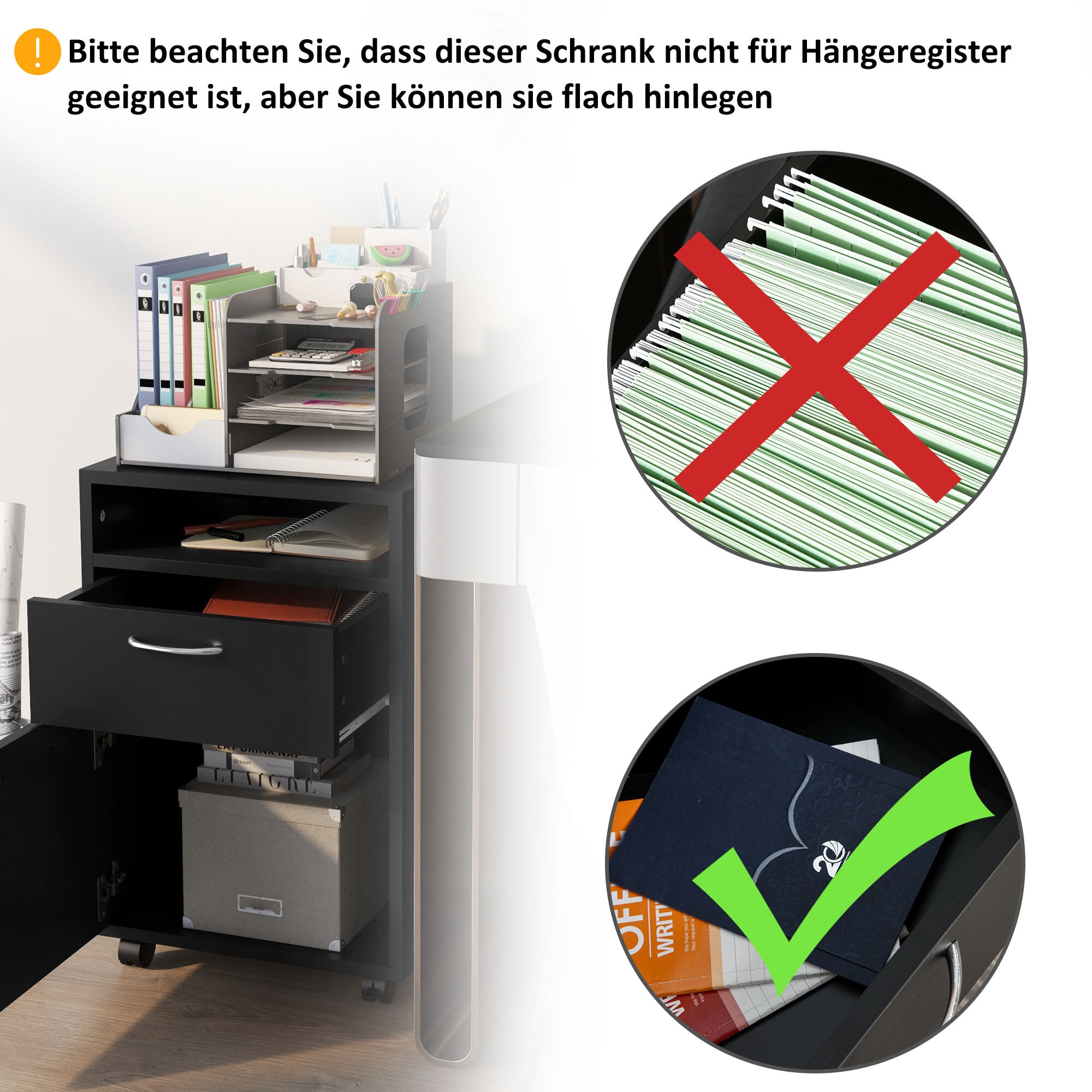 HOMCOM Aktenschrank mit Rollen schwarz 40L x 35B x 60H cm