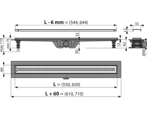 form&style douchegoot RUPAT 550 x 62 mm, afvoercapaciteit 28 l/min, rooster van roestvrij staal, mat