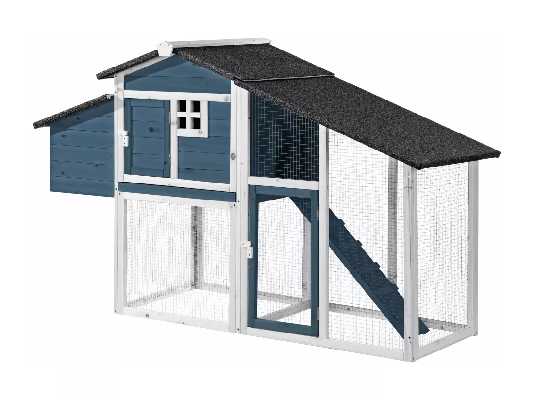 Poulailler en bois avec enclos - 4 poules - L. 173 x P. 64 x H. 108 cm - Bleu et Blanc - LEVAS