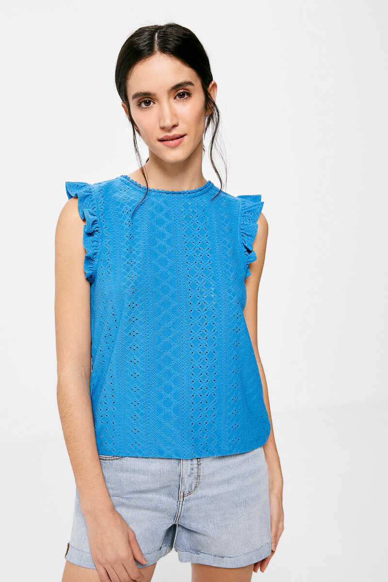 Blusa com bordado suíço circular - azul médio
